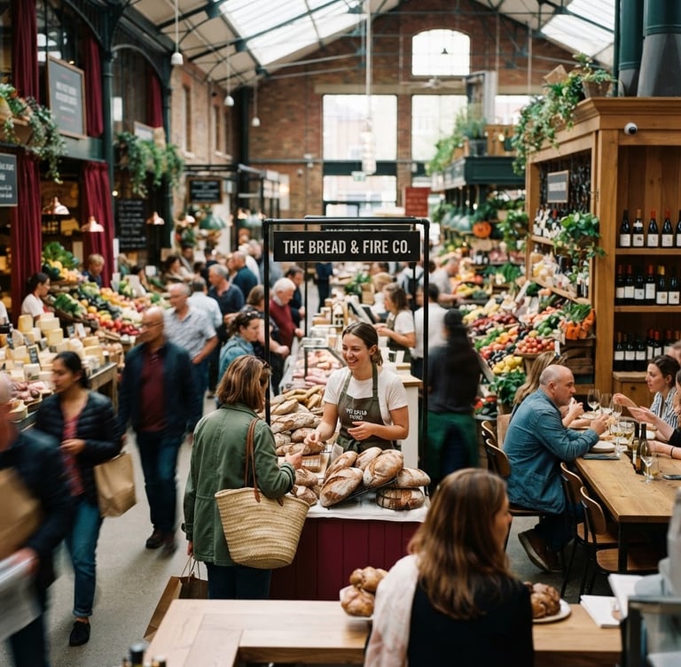 Wide shot of a bustling, modern food market interior with natural light, people browsing stalls and interacting with vendors, shallow depth of field, warm editorial photography, rich crimson and forest green tones.