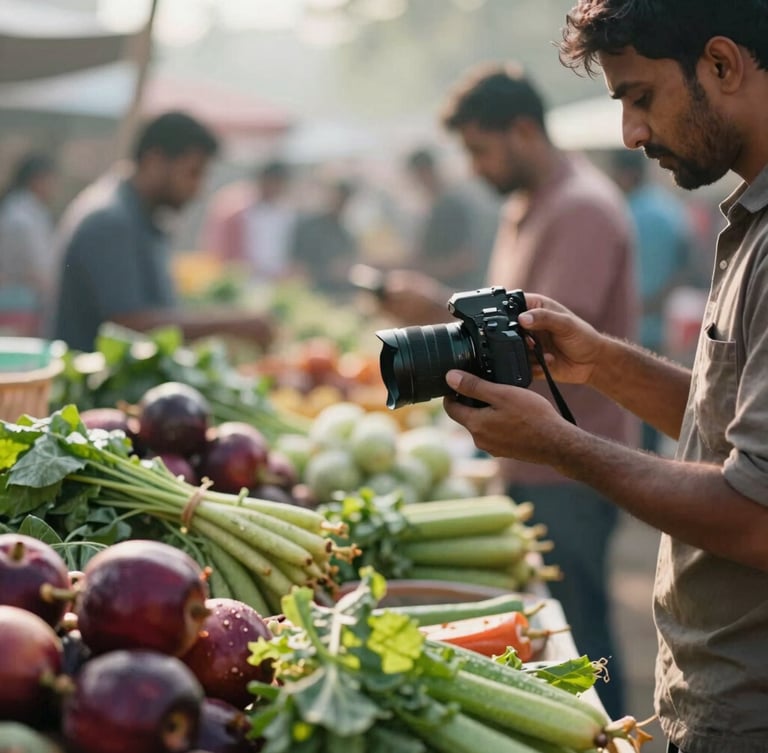 A candid shot of a Ratul Boss team member, camera in hand, capturing fresh produce at a farmer's market in soft morning light, shallow depth of field.