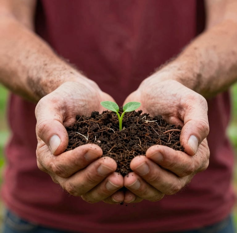 Portrait shot of a farmer's hands gently holding a handful of rich, dark soil with tiny green sprouts, soft natural daylight, shallow depth of field, warm editorial photography, rich crimson and forest green tones.