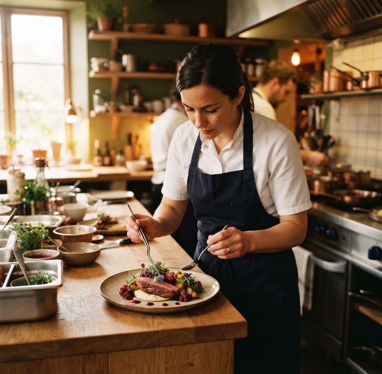 Chef plating a meticulously arranged dish in a cozy, Scandinavian-style restaurant kitchen, warm ambient light, shallow depth of field, left-aligned bleed.