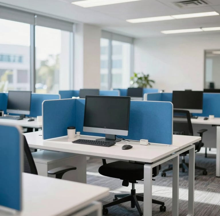 Bright sunlit modern Orlando office workspace, clean white desks, blue accents, natural daylight, professional environment