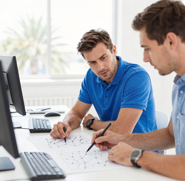 Bright corporate photography of two technical engineers collaborating over architectural network diagrams in a sunlit Orlando workspace, clean white backdrop, shallow depth of field.