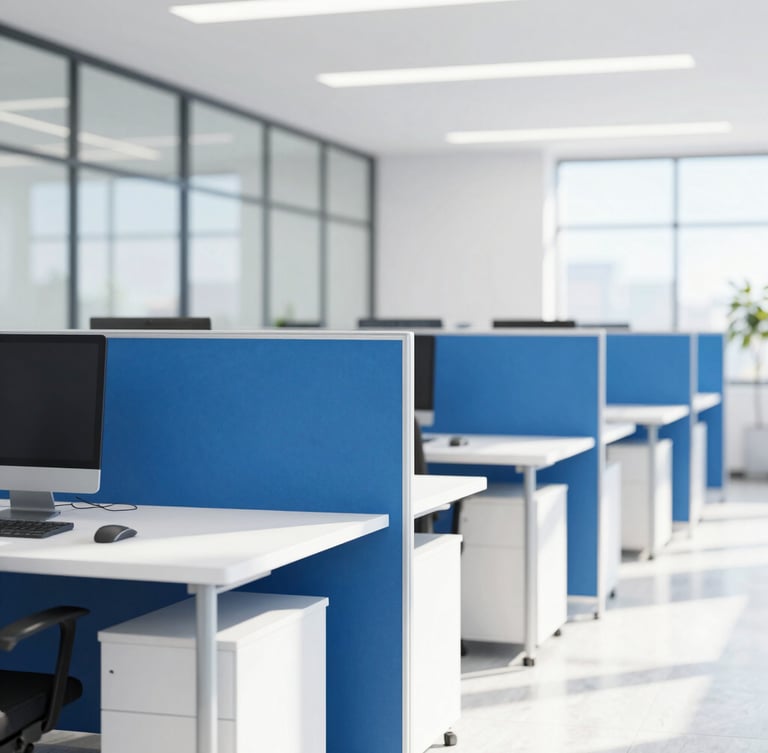 Bright high-key corporate photography of a sunlit modern Orlando office workspace with clean glass partitions and deep blue accents, shallow depth of field.