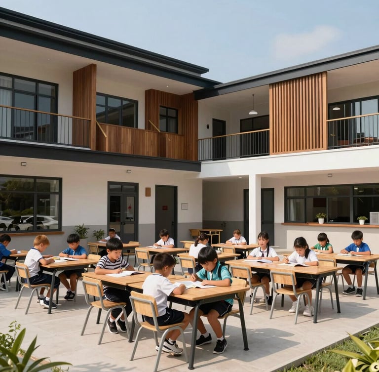 Wide environmental shot of a modern community school built in a developing region, clean architectural lines, bright natural daylight, children reading in a modern classroom