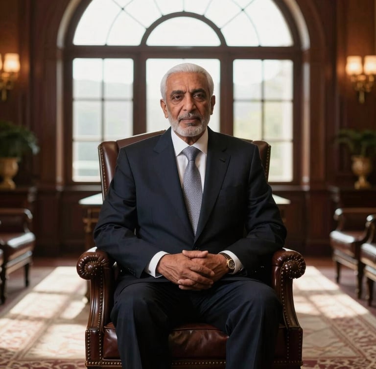 Dignified medium shot of Ambassador Ahmad Mohammad in formal attire, seated in a high-level diplomatic salon, warm sunlight filtering through arched windows, rich deep tones, prestigious editorial style