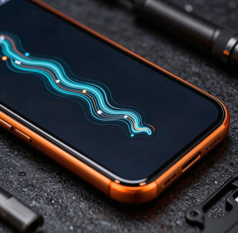 Macro close-up of a high-framerate Android screen rendering fluid vector UI, sharp orange rim lighting on the glass edge, dark industrial background