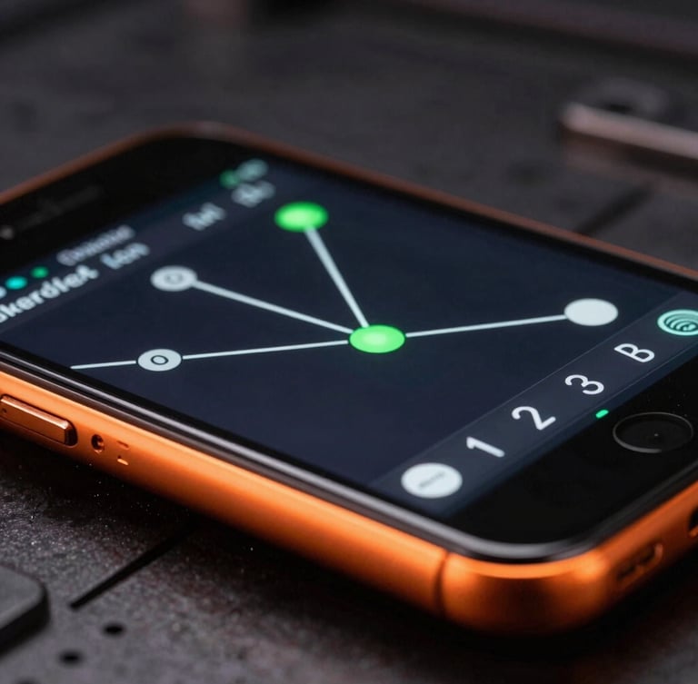 Extreme macro close-up of a physical Android device screen displaying a high-framerate physics simulation, sharp orange rim light reflecting off the glass edge, dark industrial background, low-key studio lighting.