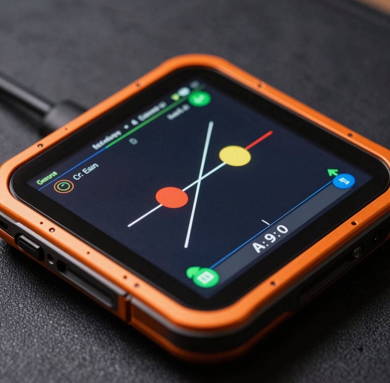 Macro close-up of a rugged Android development test device screen showing a high-framerate physics simulation, sharp orange rim lighting, dark charcoal background