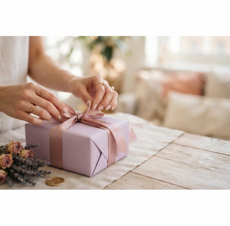 Close-up of elegant hands carefully tying a silk ribbon on a gift box, soft morning light, pastel lilac and dusty rose tones, gold accents, shallow depth of field, 50mm lens, wide cinematic frame with hands on the left third.