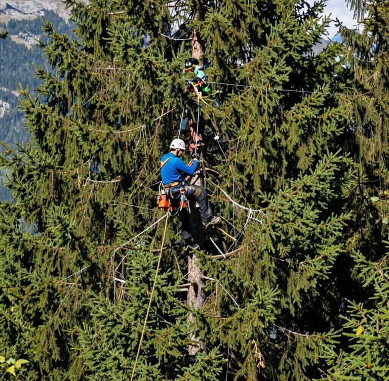 Wide environmental shot of a professional arborist in clean safety gear high in a majestic Swiss pine, crisp alpine daylight, deep forest green tones, 35mm lens, realistic