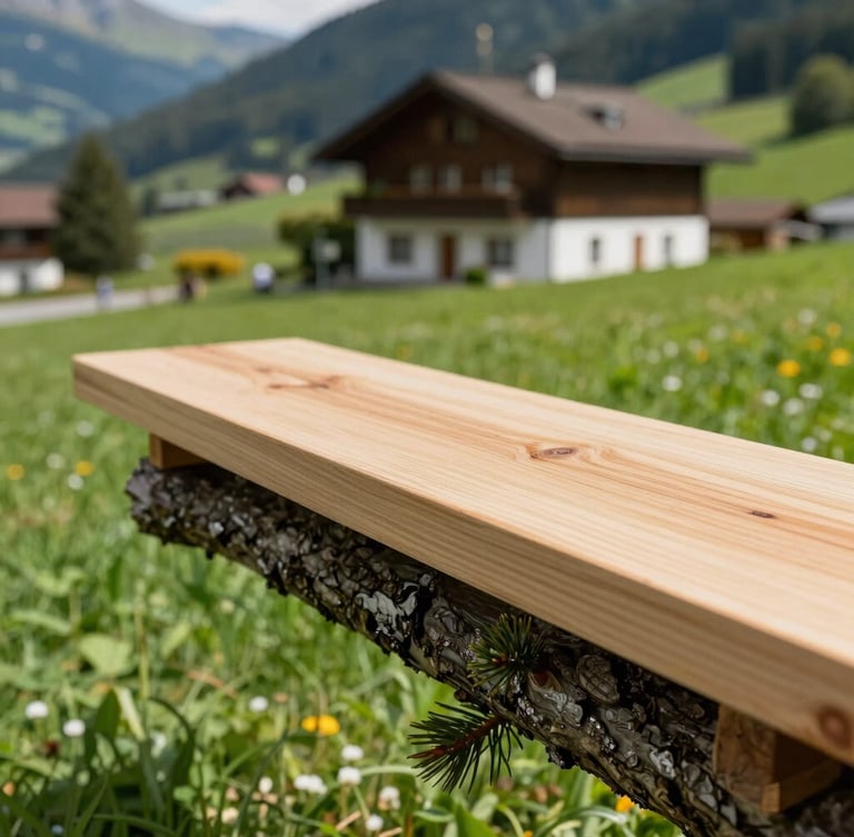 Close-up editorial photograph of a perfectly clean wood cut on a thick pine branch, pristine manicured lawn and Swiss villa in the background, sharp daylight.