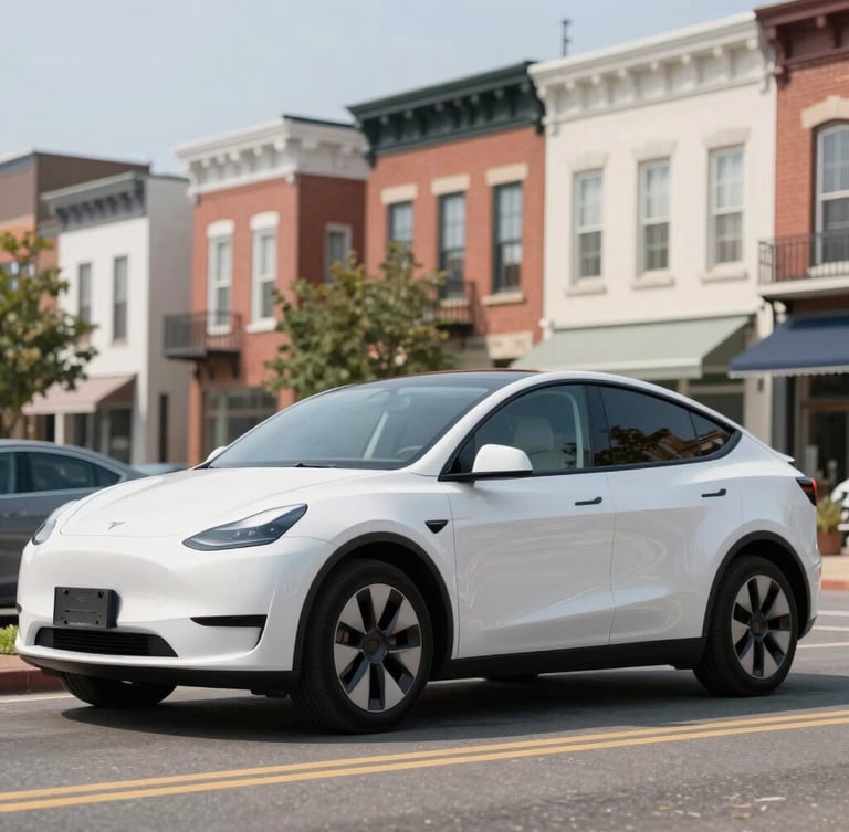 Crisp editorial profile of a clean modern vehicle driving on a sunny Baltimore street, historic architecture softly blurred in the background, bright natural daylight, 35mm
