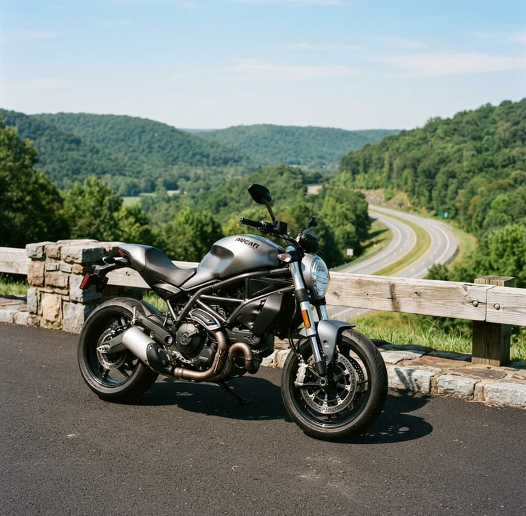 Crisp editorial photography of a modern motorcycle parked on a scenic Maryland highway overlook, bright morning daylight, clean asphalt, rolling hills in the background, 35mm