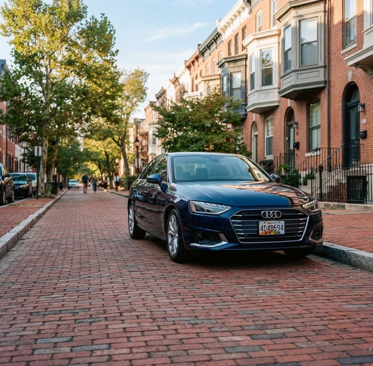 Wide-angle editorial shot of a clean modern sedan parked on a historic brick-lined Baltimore street, warm morning light reflecting off the vehicle, soft urban background