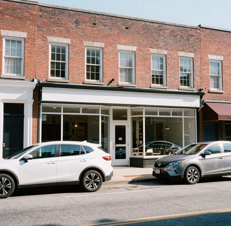 A crisp 35mm editorial photograph of a historic brick storefront on N Paca Street in Baltimore, bright morning daylight, clean modern vehicles parked along the curb, high-contrast.