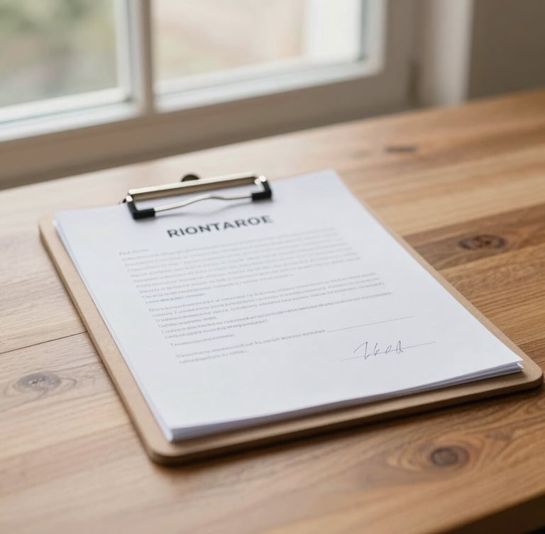 A professional clipboard resting on a wooden table near a window, a legal document ready for signature, warm natural light, shallow depth of field