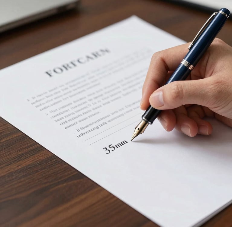 A close-up macro shot of a hand holding a high-quality fountain pen signing a crisp legal document on a dark wood desk, clean indoor lighting, 35mm.