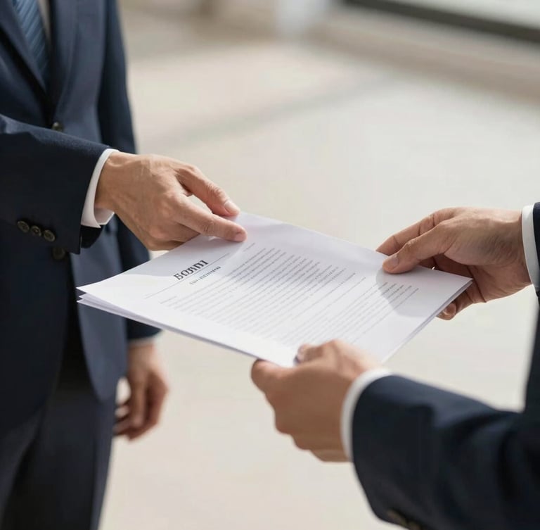 A close-up of professional hands exchanging stamped legal papers, bright natural daylight, deep navy and neutral tones, 35mm