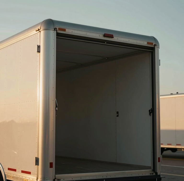 Low-angle heroic shot of a clean, modern enclosed transport trailer under low-sun golden hour light, rich desaturated tones, 35mm lens.