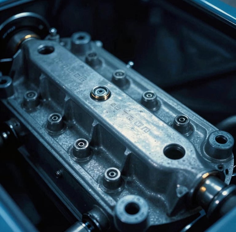 Macro detail shot of a vintage Porsche 356 engine block showing stamped serial numbers, cool blue workshop lighting with high-contrast shadows, 35mm film.