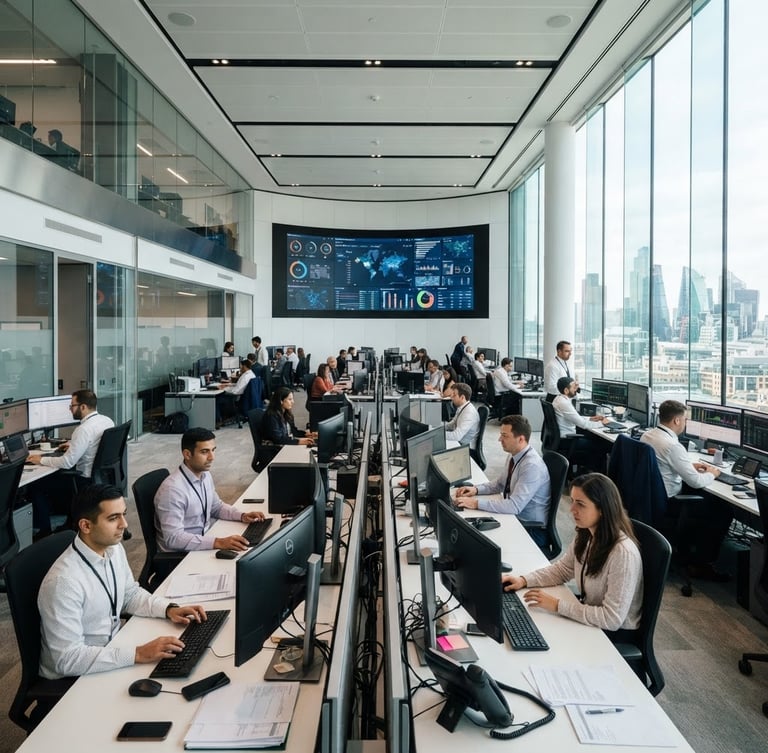 Wide angle of a modern, bright corporate operations room with clean lines, professional agents focused on screens, natural light from windows, 35mm