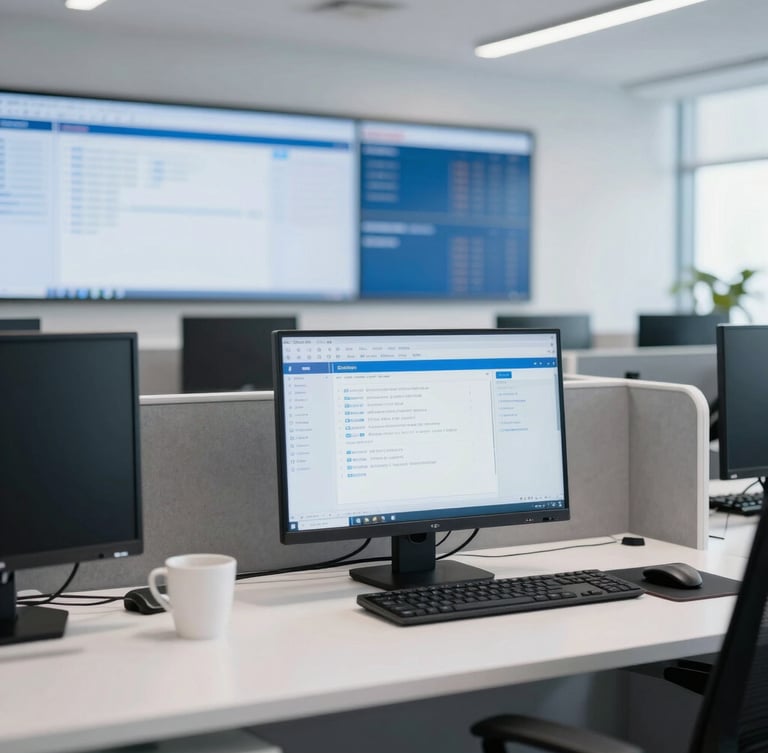 Modern bright corporate office with clean desks and professional monitoring dashboards in the background, sharp focus, 35mm