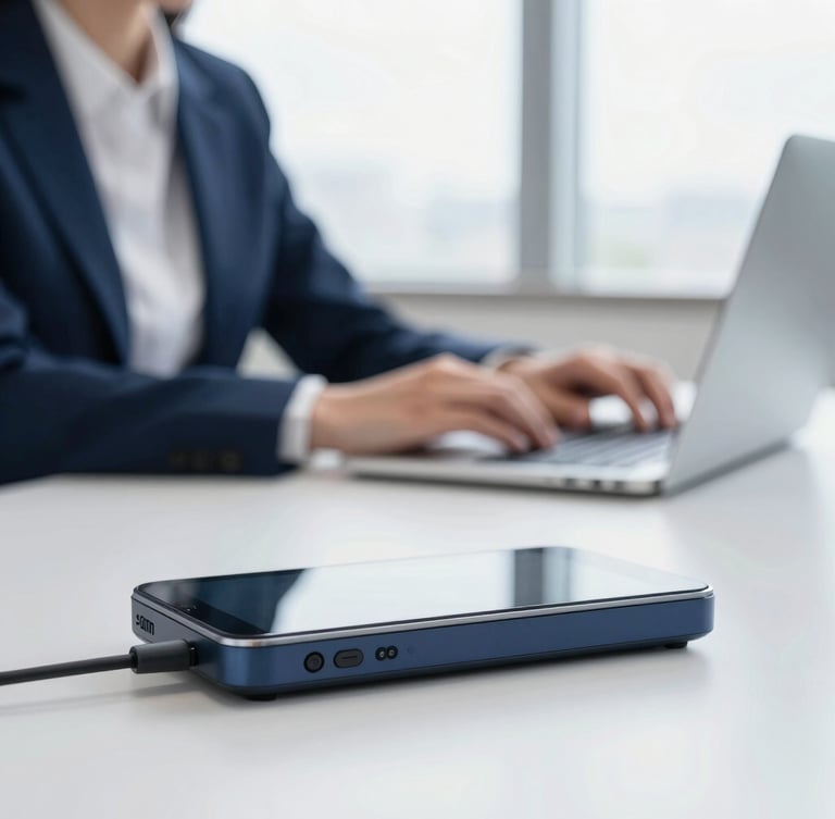 professional corporate photography, close-up of a modern communication device on a clean office desk, professional agent working in soft focus in the background, bright natural window light, 35mm