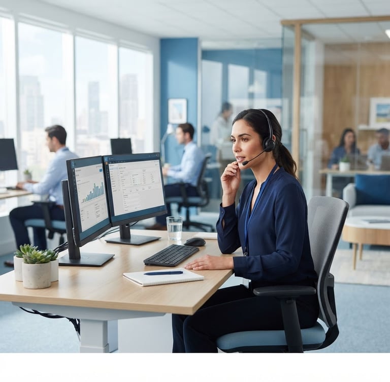 professional corporate photography, bright natural office lighting, clean blue and white tones, a focused support agent working naturally in the background, sharp focus, 35mm