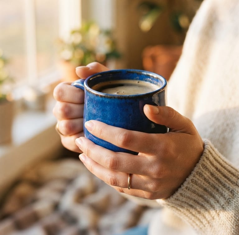Portrait shot of hands holding a vibrant cobalt blue glazed ceramic mug filled with coffee, warm golden-hour window light casting soft shadows, 35mm film style