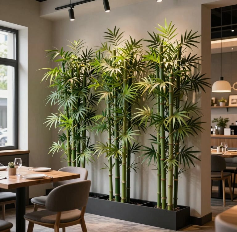 Línea de jardineras de bambú artificial de tres metros de altura dividiendo un comedor de restaurante moderno de estilo nórdico.