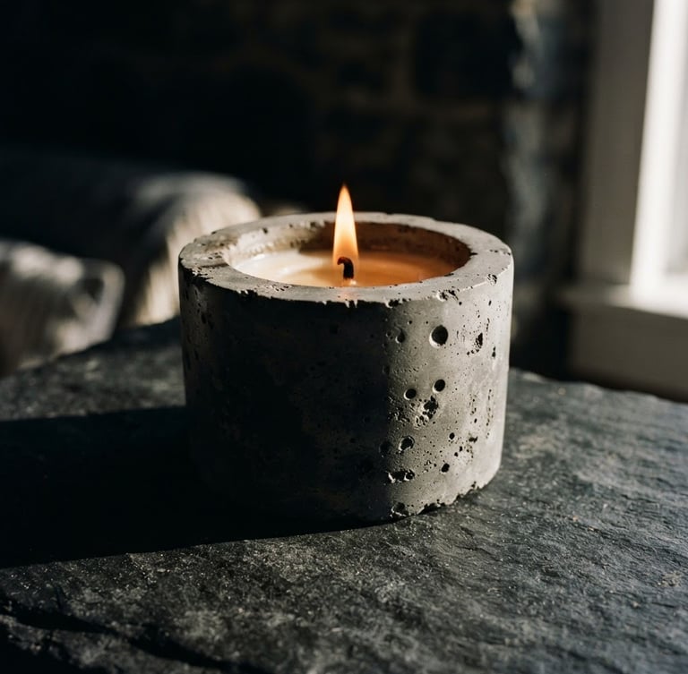 Macro detail of a hand-poured concrete candle on a dark slate mantle, dramatic side-lighting from a window casting long shadows, warm golden flame.