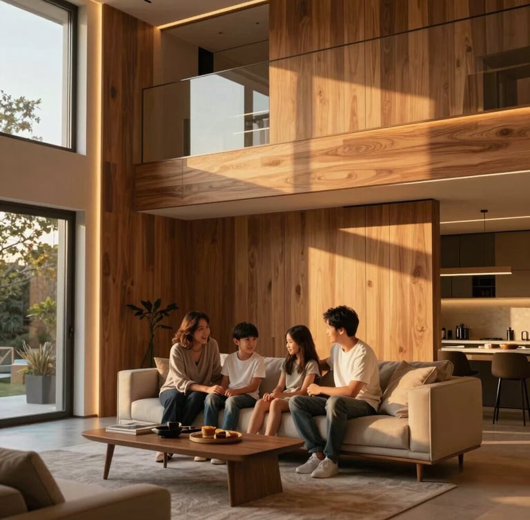 Warm environmental photography of a modern high-end living room at golden hour, soft architectural LED lighting highlighting rich wood panels, a family sitting together on a comfortable sofa, 35mm editorial style