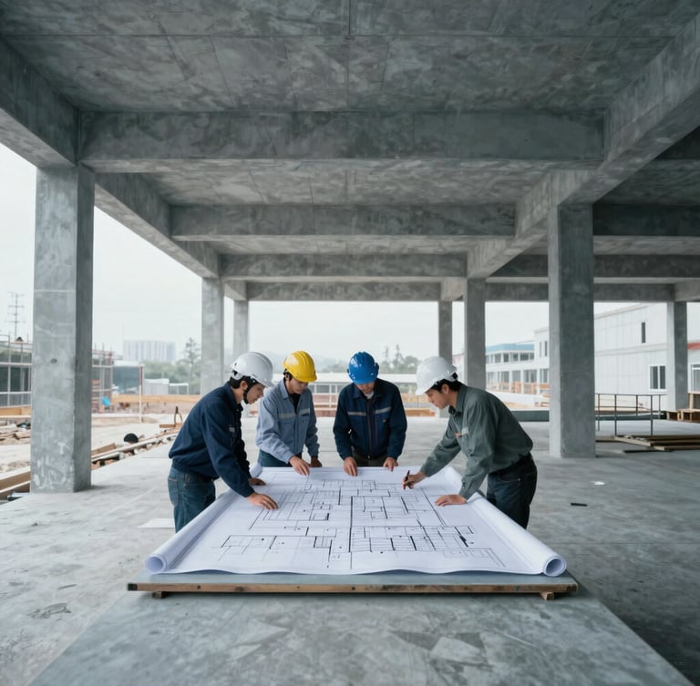 Wide shot of a clean, organized construction site interior, focus on a team of engineers reviewing a large-scale blueprint on a table, cool overcast daylight, desaturated petroleum blue and slate gray tones, sharp focus, 35mm lens.