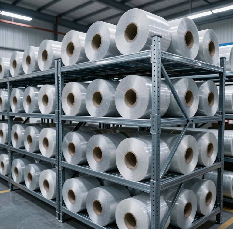Wide-angle clean industrial warehouse with neatly stacked jumbo rolls of self-adhesive materials on heavy steel racks, cool high-contrast graphite and blue tones, bright overhead factory lighting