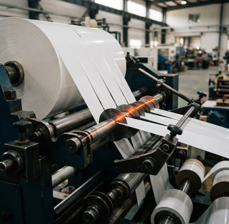 Close-up of a high-speed industrial slitting machine cutting a jumbo roll of glossy white self-adhesive BOPP film, sharp orange laser guide line visible on the material surface, clean factory daylight, 35mm
