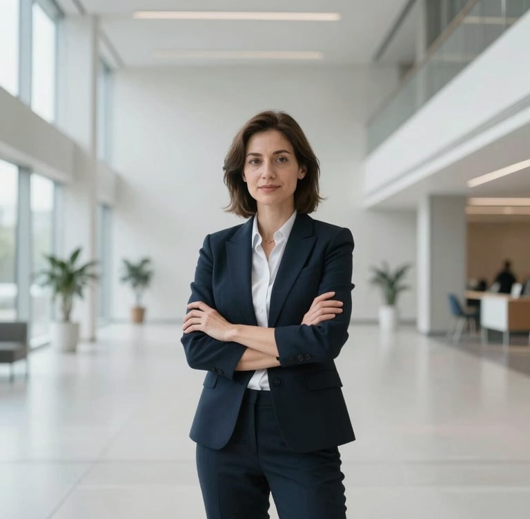 Editorial portrait of a professional female AI ethics consultant in a bright, modern, minimalist architectural space with soft overcast natural light, looking confident, wide environmental framing