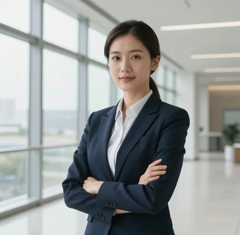 High-end editorial portrait of a female compliance expert in a bright, modern architectural space with clean lines, natural overcast daylight, professional and authoritative demeanor.
