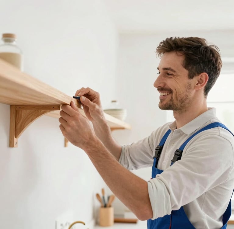 Warm lifestyle photography of a friendly handyman smiling while tightening a wooden shelf bracket, bright natural daylight, clean modern kitchen background.