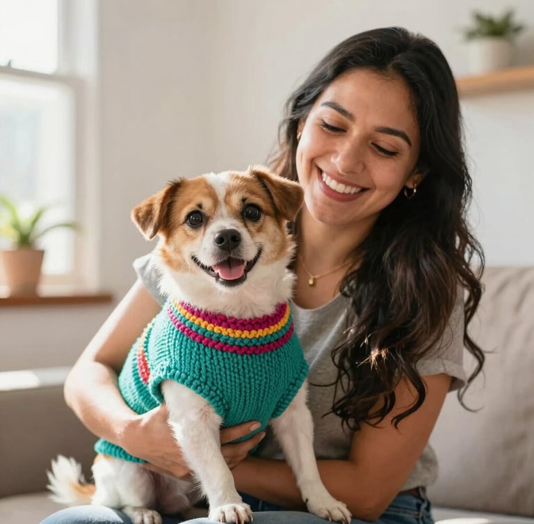 A cozy, bright interior in Celaya, a cheerful Mexican woman smiling while holding a small happy dog wearing a colorful hand-knitted teal sweater, warm natural light pouring in.