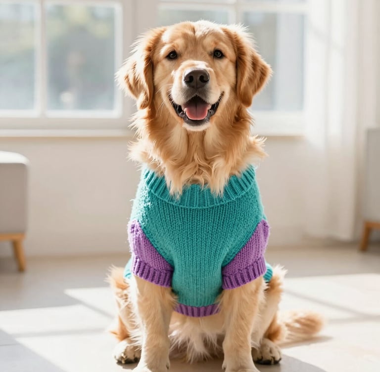 A happy, fluffy golden retriever sitting proudly in a bright, sunlit room, wearing a colorful hand-knitted teal and mauve sweater that fits perfectly, warm natural daylight, shallow depth of field.