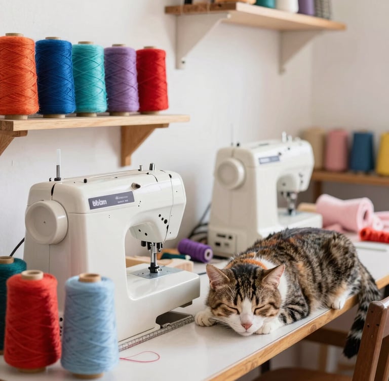 A warm, bright family workshop in Celaya, Guanajuato, with rolls of colorful yarn, sewing machines, and a happy sleeping cat nearby.