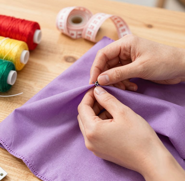 Close-up of hands carefully sewing a vibrant mauve fabric on a wooden table, colorful threads and pet measuring tapes nearby, soft warm daylight.