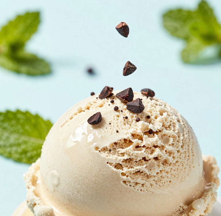 Extreme close-up of a perfectly sculpted scoop of mint chocolate chip ice cream, fresh mint leaves and organic cacao nibs falling around it, bright high-key natural light, soft icy-blue reflections, shallow depth of field