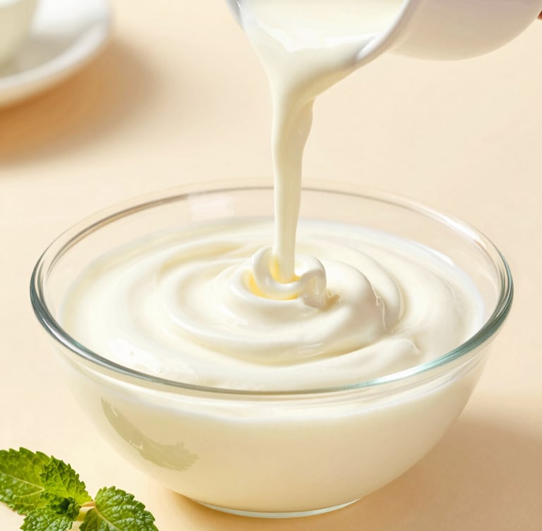 Bright editorial food photography of fresh cream being poured slowly into a modern churning bowl, mint leaves on the side, soft natural light