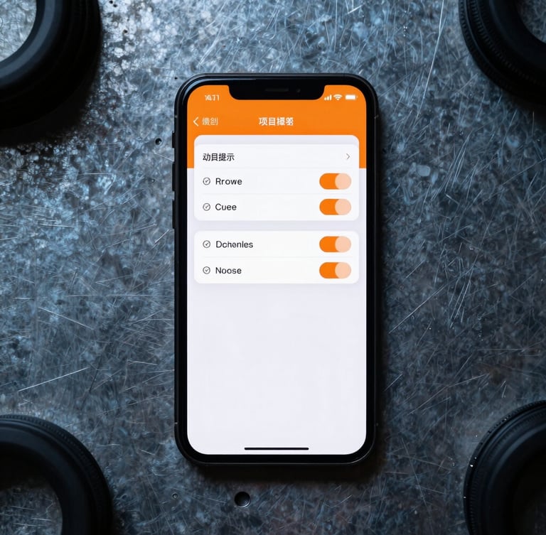 Top-down flat lay of a sleek smartphone on an industrial metal workbench, displaying a highly legible settings interface with safety orange accents.