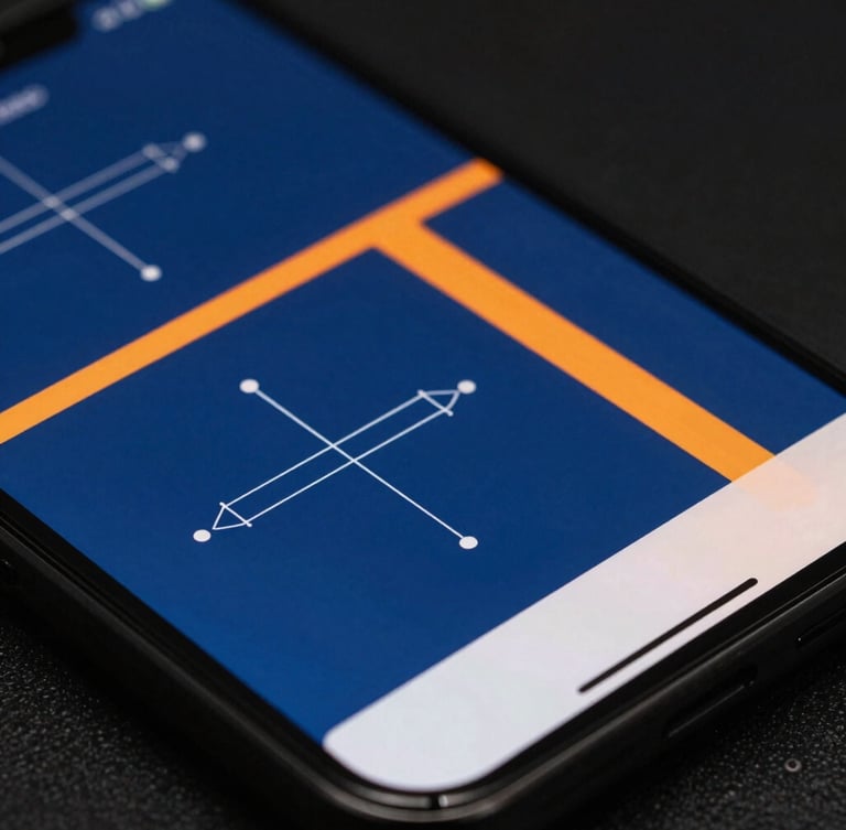 Macro close-up of a high-contrast mobile device screen displaying a clean blueprint-style UI with sharp technical shadows, illuminated by deep blue and safety orange backlights.