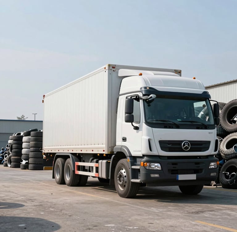 Wide-angle environmental daylight shot of a modern transport truck parked in a highly organized recycling yard, neatly stacked tires sorted by category in the background, clean industrial composition.