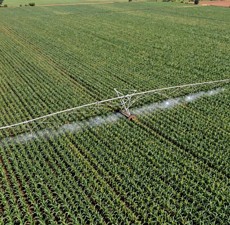 Aerial view of a large center-pivot irrigation system watering vast green maize fields under bright midday sun, Uganda. Wide-angle lens, 35mm, commercial agriculture photography.