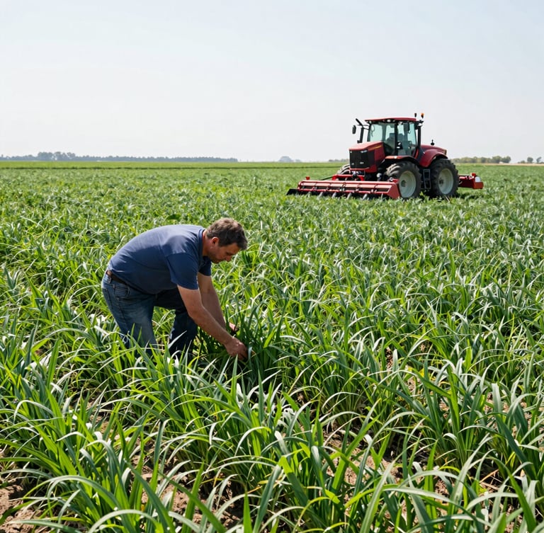 Medium shot of a farmer in a wide green field, inspecting crops, with modern farming equipment in the background, bright direct midday sun, commercial agriculture photography, rich green fields