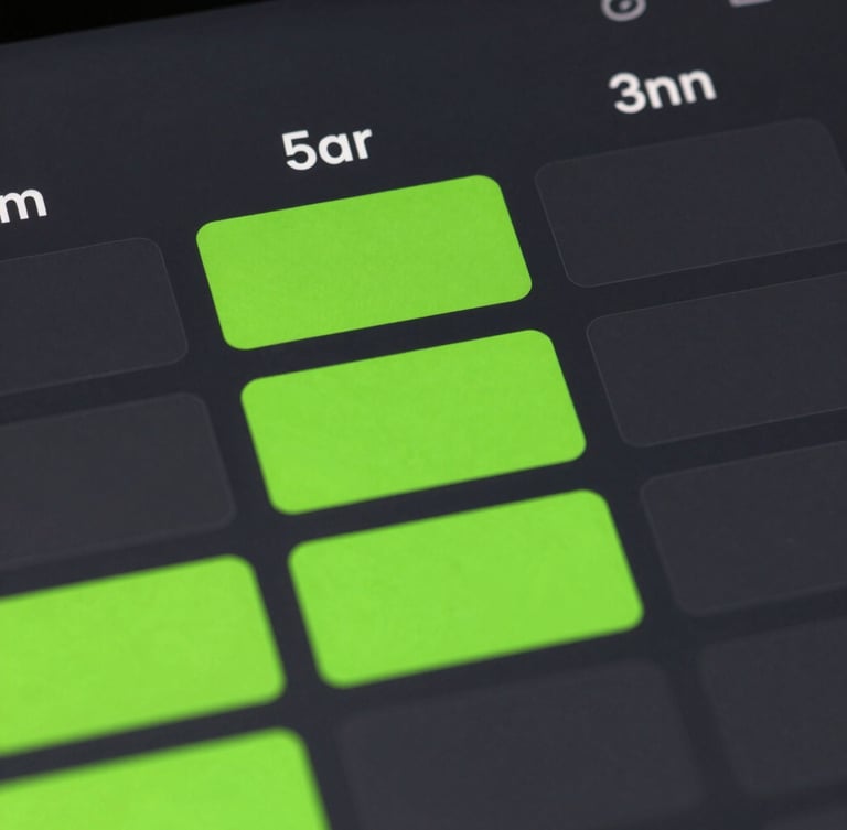 Macro shot of a high-resolution dark mode calendar interface with multiple neon green booked slots, clean sans-serif typography, sharp contrast, 35mm